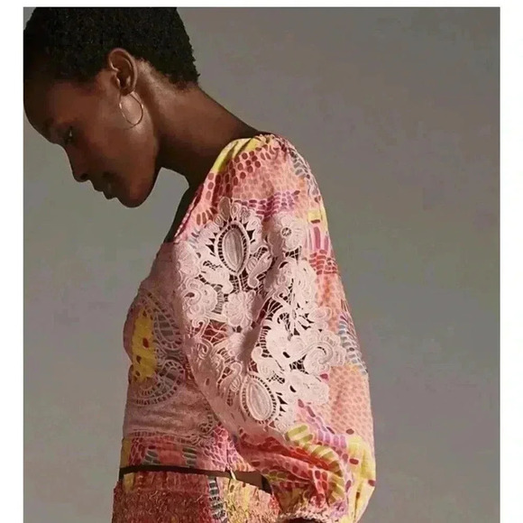 Farm Rio Anthropologie Embroidered Tropical Blouse Bananas L Long Sleeve Shirt - Picture 4 of 9